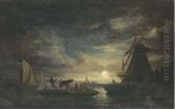 Cattle On A Barge In A Moonlit 
Landscape; And Cattle And Sheep In Amoonlit Estuary Landscape - view 1
