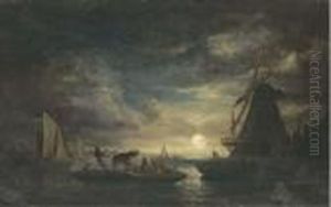 Cattle On A Barge In A Moonlit 
Landscape; And Cattle And Sheep In Amoonlit Estuary Landscape by Edward Jr Williams