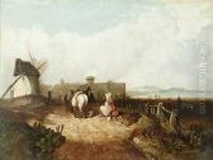 Figures And Horses By A Windmill, With A Walled Fortress Beyond by Edward Jr Williams