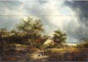 Figures In Front Of A Cottage