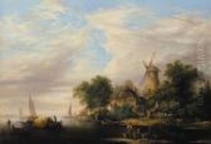 A River Estuary With A Windmill 
And Cottages, Boats In The Foreground And Cattle Watering At The River 
Edge