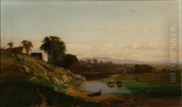 New England River Landscape With Cows And Sheep - view 1