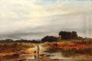 Man And His Dog Fording A Stream, Clipstone by George Augustus Williams