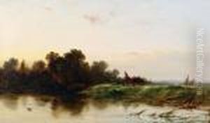 A Figure And Horses Walking Beside Ariver