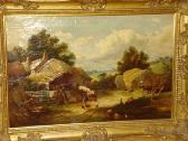 Farmyard Scene With Cattle In A Barn, Andfigures Sat By Haystacks - view 1