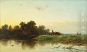 A Figure And Horses Walking Beside A River