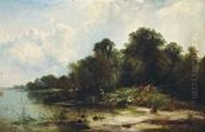 A River Scene With Figures Fishing In A Skiffin The Foreground