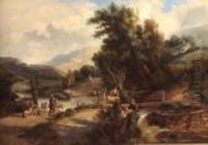 Sheep Dipping In A Welsh Landscape by George Augustus Williams