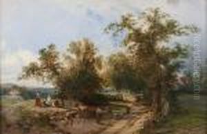 Wooded Landscape With Figures Resting Beneath A Tree by George Augustus Williams