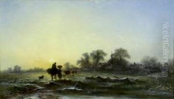 A Winters Evening With Figures, Cattle And Sheep In Theforeground - view 1