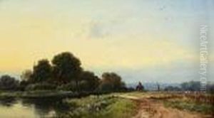 River Landscape With Horse Drawing A Barge On A Tow Path