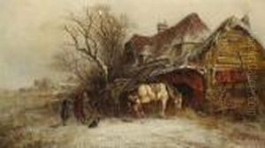 A Blacksmith's Forge In A Winter Landscape by George Augustus Williams