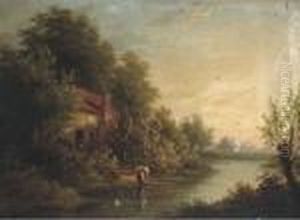 Figures By A Cottage In A River Landscape; And A Goatherd On Awooded Track by George Augustus Williams