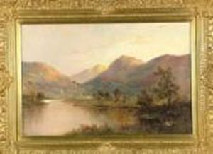 A Highland Glen With Cattle And A
Cottage By A River In The Foreground And Late Afternoon Sun On The
Hills Beyond by Graham Williams