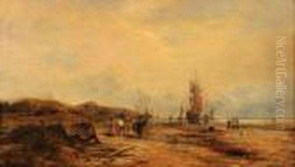 Extensive Coastal Scene With Fisher Folk And Boats - view 1