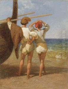 Italian Fishermen On The Shore by Penry Williams