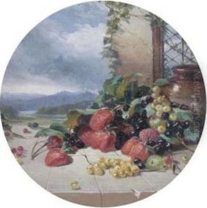 Still Life Of Berries On A Terrace, A Landscape Beyond