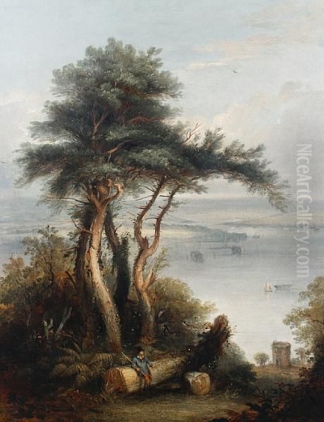 A Figure Leaning On A Treetrunk With Boats In An Estuary Beyond - view 1