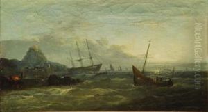 Vista Costera Con Barcos Al Atardecer. by William Harry Williamson