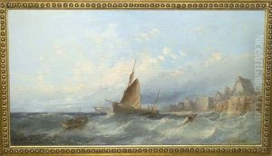 Fishing Boats Off A Coastline With Cottages Nearby Bears The Signature "j W Carmichael"