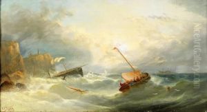 Fishing Boats In Rough Sea Off Coast by William Harry Williamson