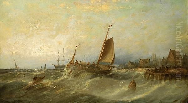 Ships In Choppy Seas Off A Seaside Town - view 1