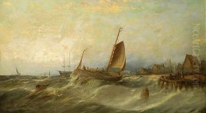 Ships In Choppy Seas Off A Seaside Town by William Harry Williamson