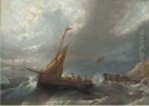 Fishermen Hauling In Their Nets In A Gale Off A Jetty