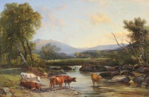 Cattle Beside A River With A Lakeland Landscape Beyond by Henry Brittan Willis, R.W.S.