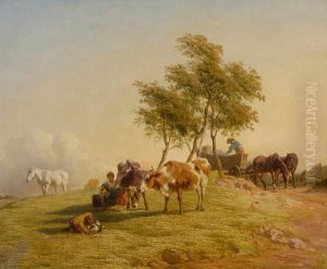 Rural Scene With Cows, Figures And Horses by Henry Brittan Willis, R.W.S.