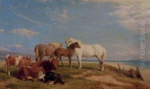 Cattle And Horses Resting Beside A Beach by Henry Brittan Willis, R.W.S.