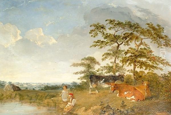 Children Fishing With Cattle In The Background - view 1