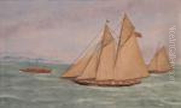 Fishing Schooner With Two Yachts With Lighthouse In Thedistance - view 1