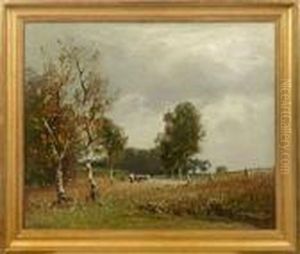 Schafhirtin In Fruhherbstlicher Landschaft Mit Birken by Ludwig Willroider