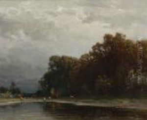 Kuhe Am Wasser In Herbstlicher Baumlandschaft.