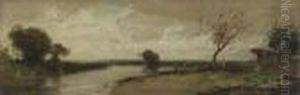 Herbstlandschaft Mit Flussbiegung Und Fischer by Ludwig Willroider