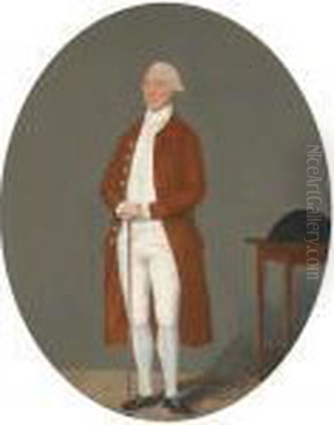 Portrait Of A Gentleman, 
Full-length, In A Brown Coat And Whitewaistcoat And Breeches, Holding A 
Cane, A Tricorn On A Table Besidehim - view 1