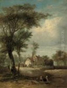 Figures Beside A Stream, Cottages Beyond Figures Beside A Stream, Cottages Beyond