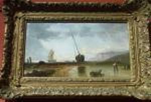 Beach Scene At Low Tide, A Fisherman In The Foreground by John James Wilson