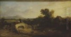 Cattle And Drover Crossing A Bridge On A Pastoral Landscape