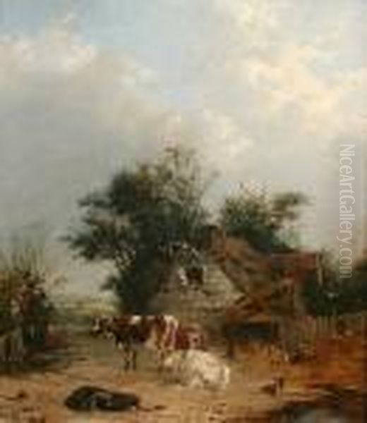 Cows And Hens In A Farmyard - view 1