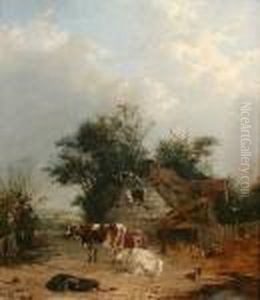 Cows And Hens In A Farmyard
