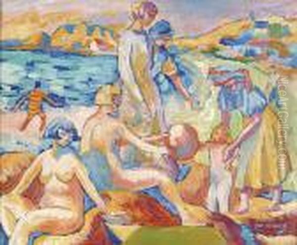 Jeunes Femmes Jouant Au Ballon Sur La Plage (esquisse Au Verso) - view 1