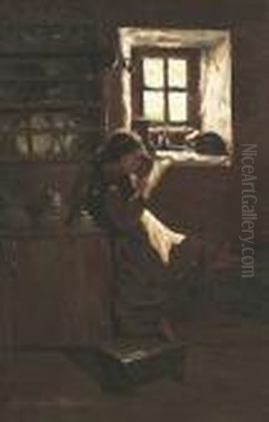 A Young Girl Seated By A Kitchen Window Reading - view 1