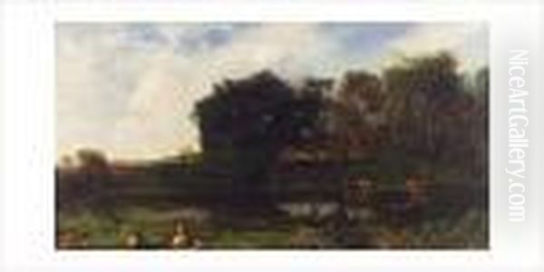 Bergere Et Son Troupeau Au Bord De La Riviere - view 1