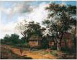 A Landscape With A View Of A Cottage With Figures On A Path, Near Gadbroke, Surrey by John Jock Wilson