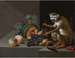 A Monkey Perched On A Stone Ledge With Grapes, A Melon, Cherries, A Pear And Other Fruit by Johann Amandus Winck