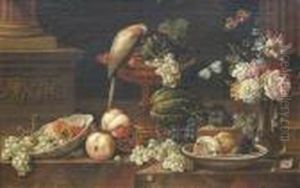 A Still Life With Flowers And Fruits And A Perroquet And Various Insects On A Ledge by Johann Amandus Winck