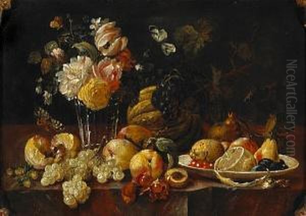 A Still Life With Flowers In A
Glass Vase, A Lemon, Cherries And Other Fruit In A Porcelain Vase With
Butterflies And Other Fruit On A Ledge; Also A Companion Still Life (a
Pair) - view 1