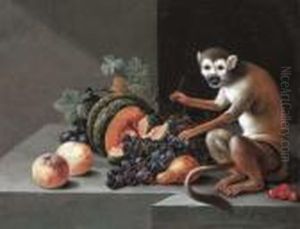 A Monkey With Grapes, Peaches, A Melon And Other Fruit On A Stoneledge by Johann Amandus Winck